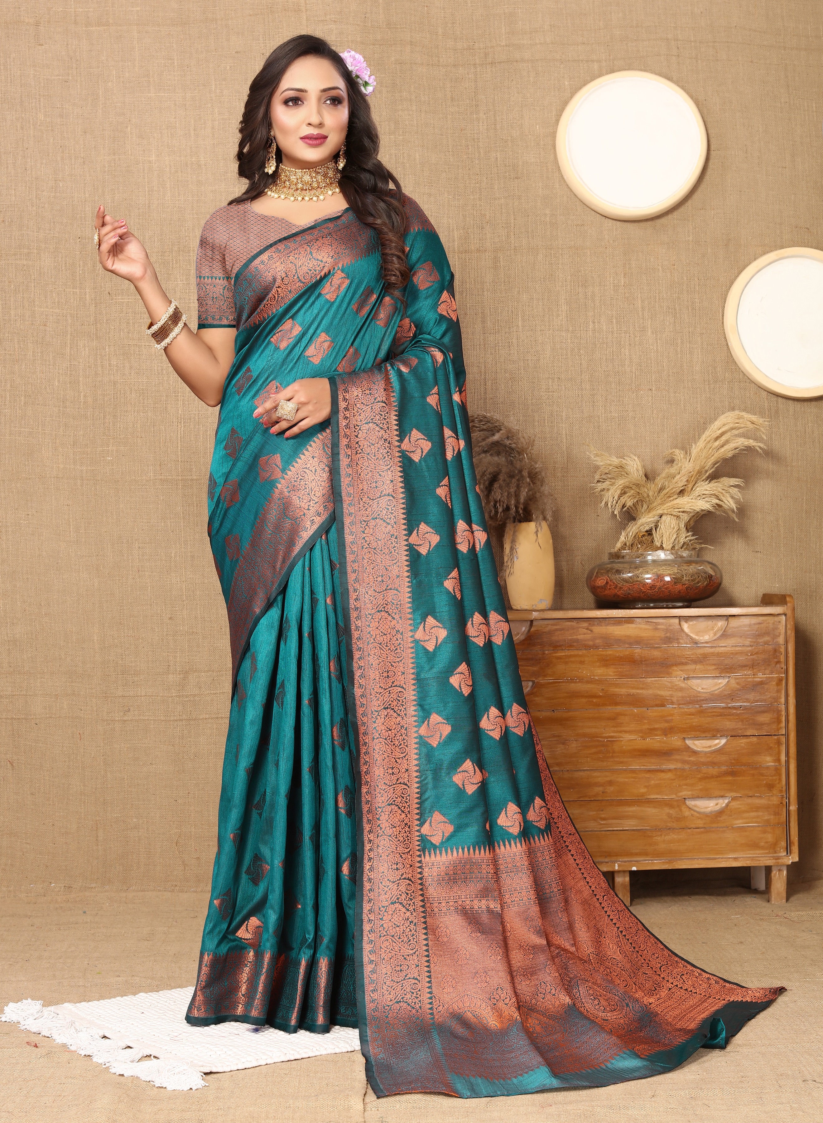 Soft katan silk saree with copper zari weawing... view 2
