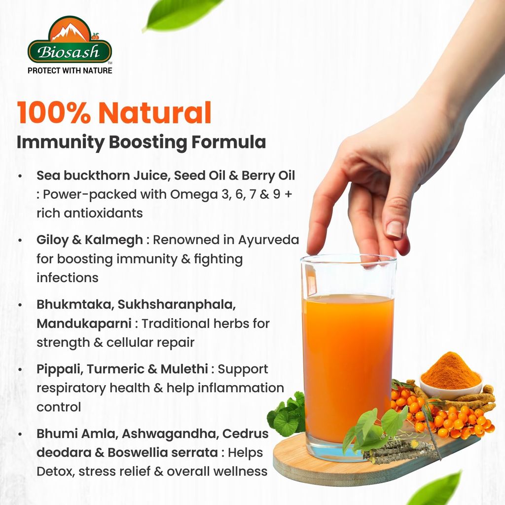 Biosash Sea Buckthorn Immunosash Juice | From Certified Organic Berries, Cold-Pressed | Rich in Omega 3 6 9, Vitamin & Antioxidant | Herbal extracts for Immunity, Wellness & Vitality | 50 Serves view 2