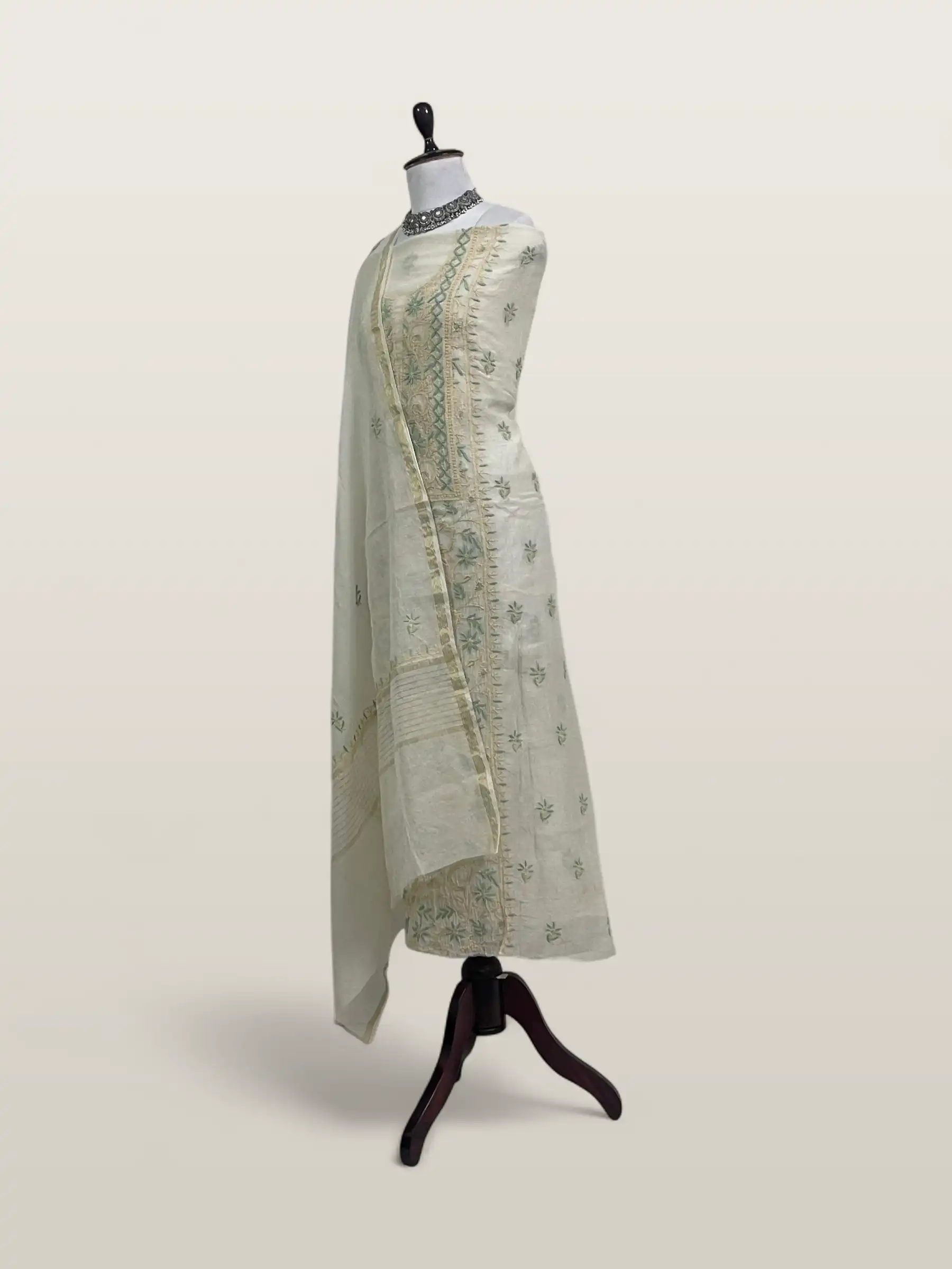 Chikankari Mul Chanderi Dress Material Ivory Peach Green view 2