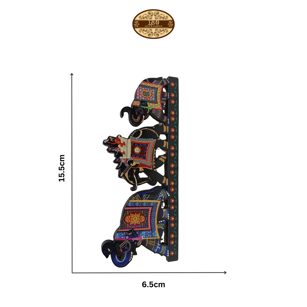Handcrafted Indian Triple Elephant Caravan Fridge Magnet Decor Piece, Twin Salute Style, 15.5 x 6.5 x 0.5 cm view 2