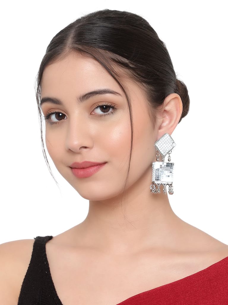 Cardinal Oxidized Silver Color Mirror Stone Jhumki Earrings view 2