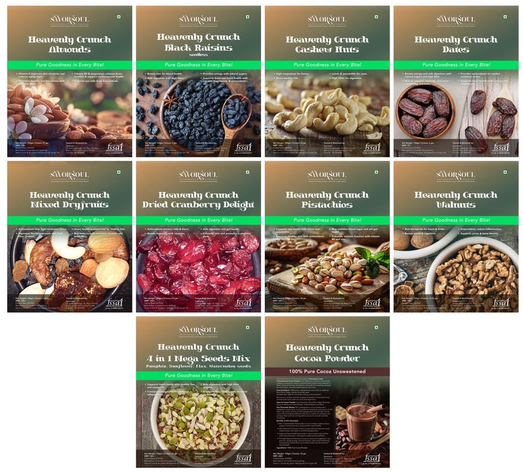 Savorsoul Premium Heavenly Crunch: Assorted Nut & Fruit Blend with Cocoa - 10 Pack Combo | 100g Each | Includes Almonds, Raisins, Cashews, Dates, Cranberries, Pistachios, Walnuts, Seeds, Dry Fruits & Cocoa view 2
