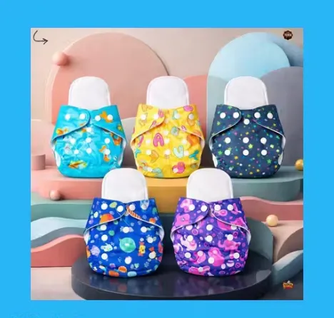 Pack of 5 colorful reusable diapers with waterproof layers, soft interior, adjustable snaps, and cheerful prints for all-day baby comfort.