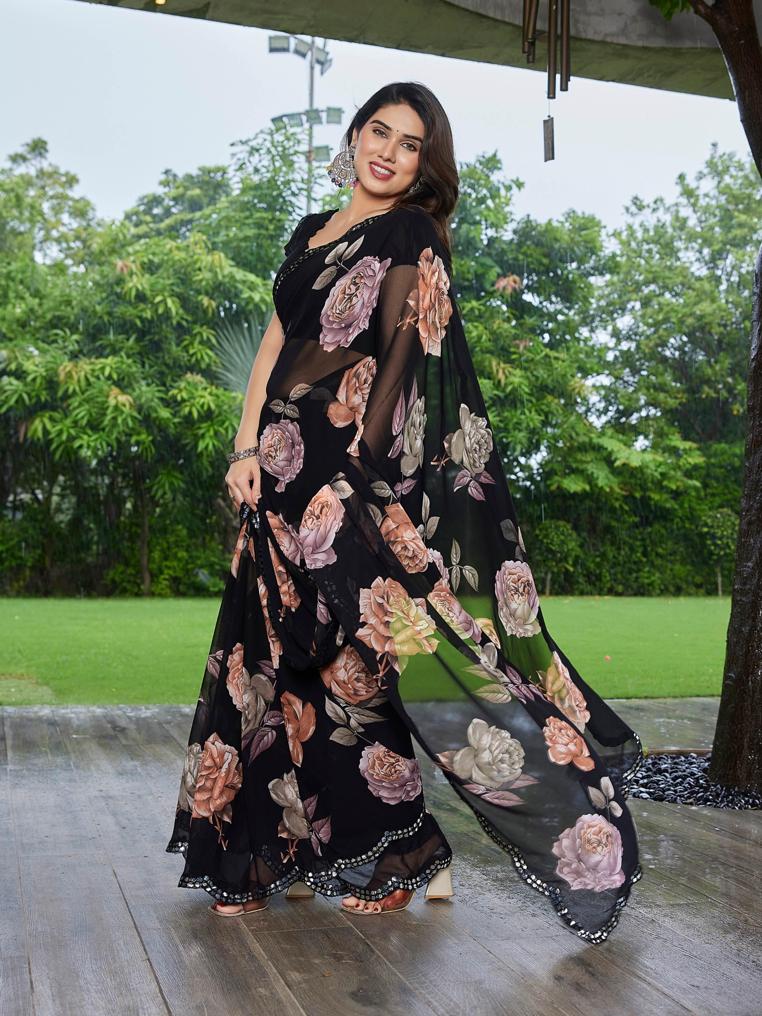 Floral Printed Georgette With Mirror Work Border view 2