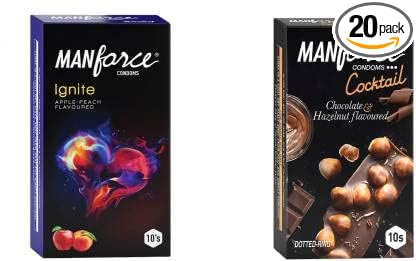 MANFORCE Ignite Apple-peach Flavoured Extra Dotted Box Condoms - 10 Pieces & Cocktail Condoms with Dotted-Rings Hazelnut & Chocolate Flavoured- 10 Pieces Condom (Set of 2 20 Sheets)