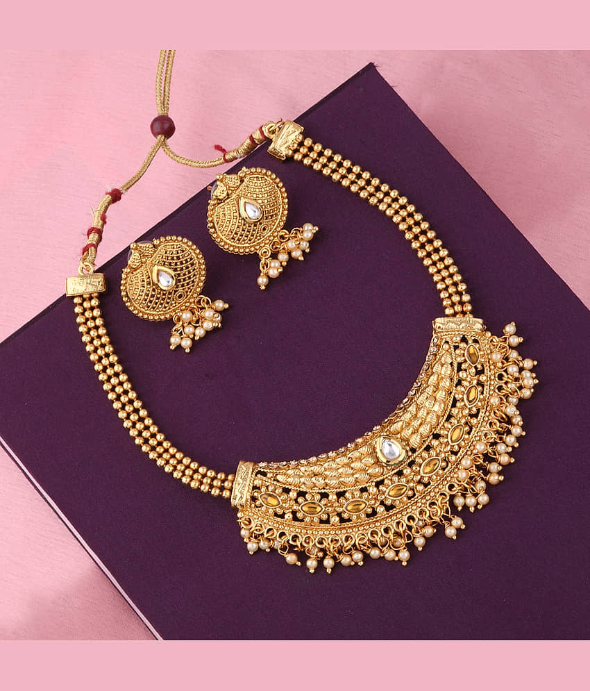 Silver Shine Alloy Golden Choker Traditional Gold Plated Necklaces Set view 2