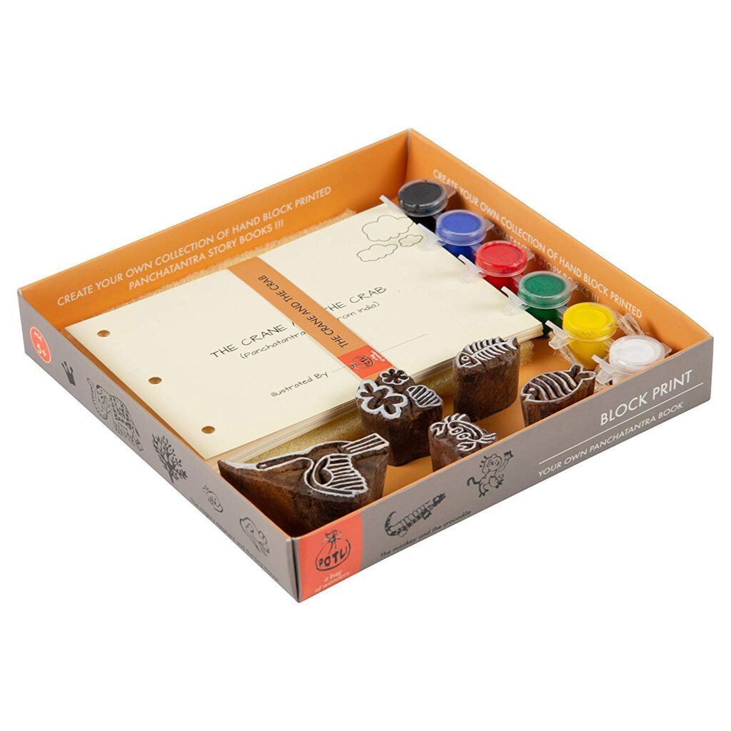 DIY Wooden Block Printing Craft kit Print your own Panchtantra Story book The Crane & the Crab view 2