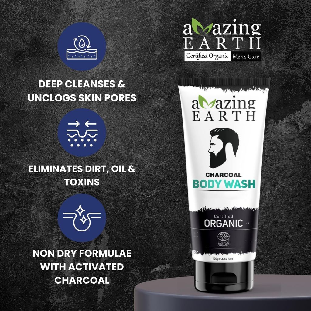 AMAzing EARTH Charcoal Body Wash for Men - Certified Organic with Activated Charcoal, Rice, Neem & Oragnge Extract, Pollution, Oil & Dirt Control, Sulphate & Paraben Free, Cruelty Free & Vegan - 100ml view 2