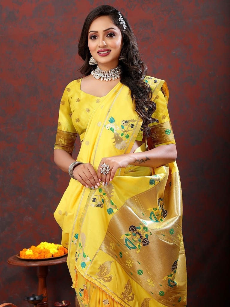 Yellow Soft Paithani Silk Woven Design Gold Zari Meenakari Weaving Saree view 2