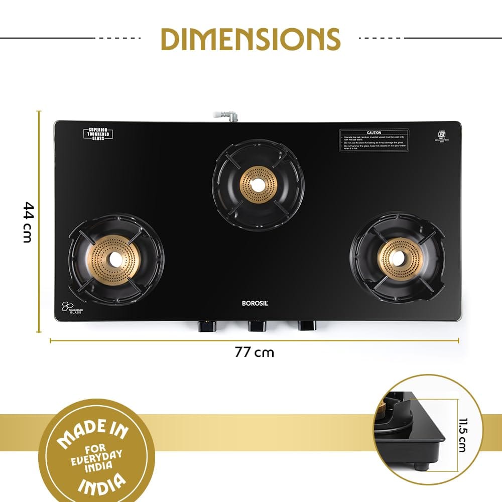 Borosil Flamestar 3 Brass Burner Gas Stove | LPG Gas Stove | Manual Ignition | Dip Tray, Anti Skid Legs | 360? Revolving Nozzle | High Effeciency Burner | 2 Years Warranty (Flamestar) view 2