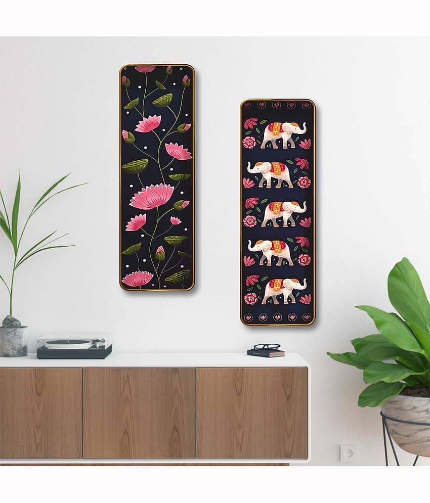 SAF Lotus & Elephant Set of 2 Vertical MDF Wall Panels | Premium Sparkle Lamination Finish | Artistic Floral & Animal Print Wall Décor for Living Room & Bedroom view 2