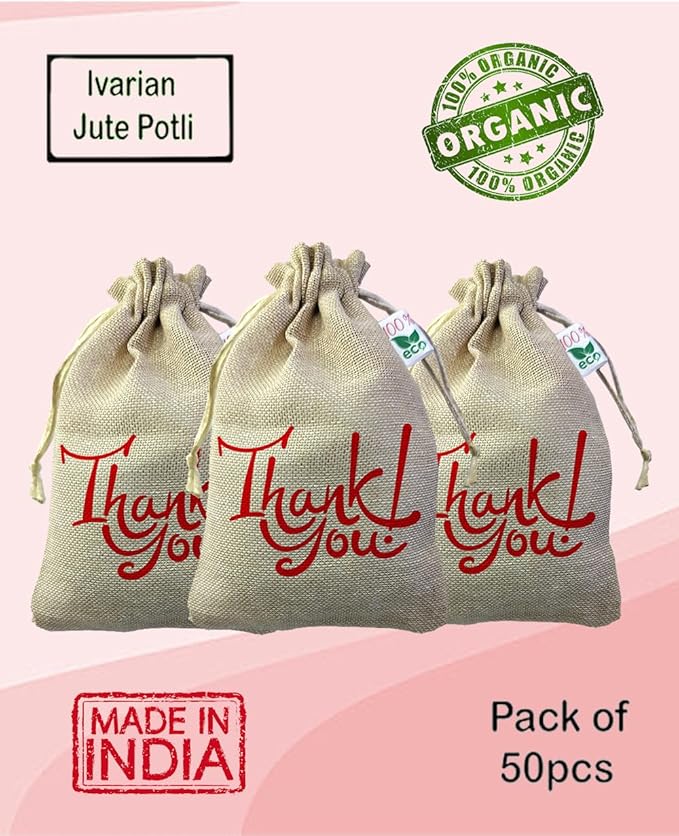 Ivarian - potlis for return gifts, jute potli bags, Drawstring Potli pouches, Birthday, Wedding return gift (13x18cms, Thankyou 1, Set of 50) view 2