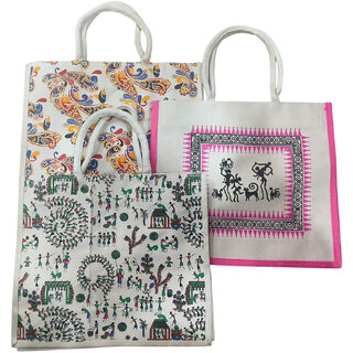 White Premium Jute Multipurpose Handmade Premium Bag For Men Women (Pack of 3) view 2