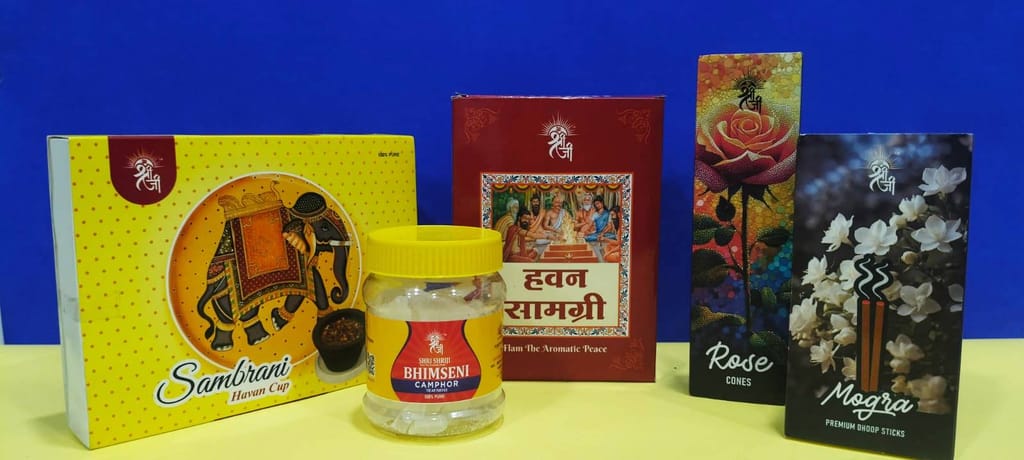 Shri Shriji 5 in 1 Havan Puja Pack with Rose Dhoop Cones 100 g, Mogra Dhoop Sticks 100g, Bhimseni Camphor 100g, Havan Samagri 250g, Sambrani Havan Cup 12 Pieces view 2