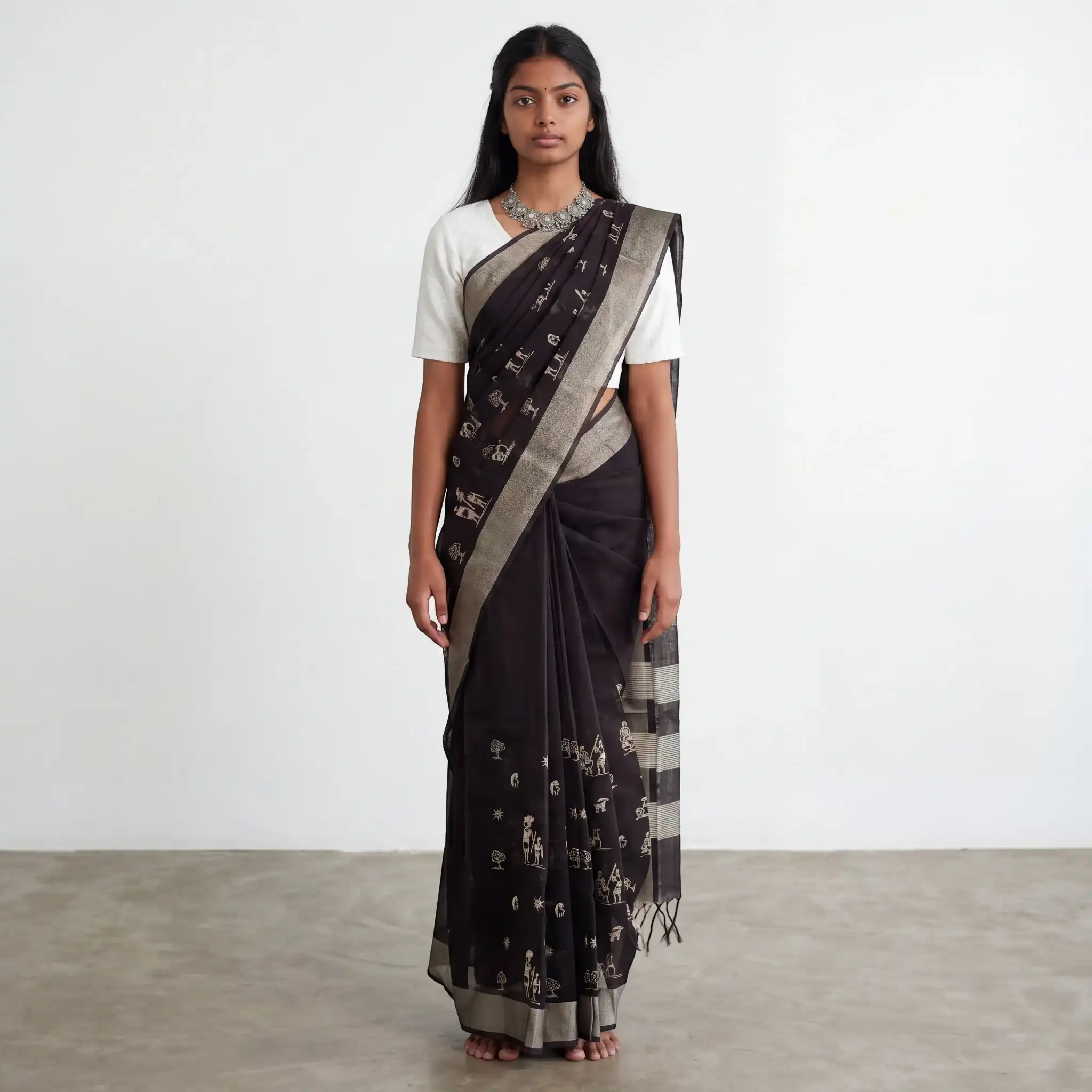 Handwoven Sambalpuri Baandha Ikat Cotton Saree in Black with Blouse