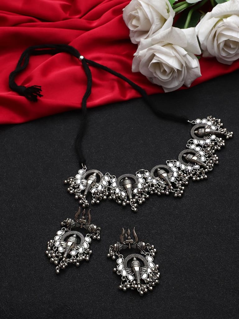 Cardinal Oxidized Silver Color Choker Necklace Set view 2