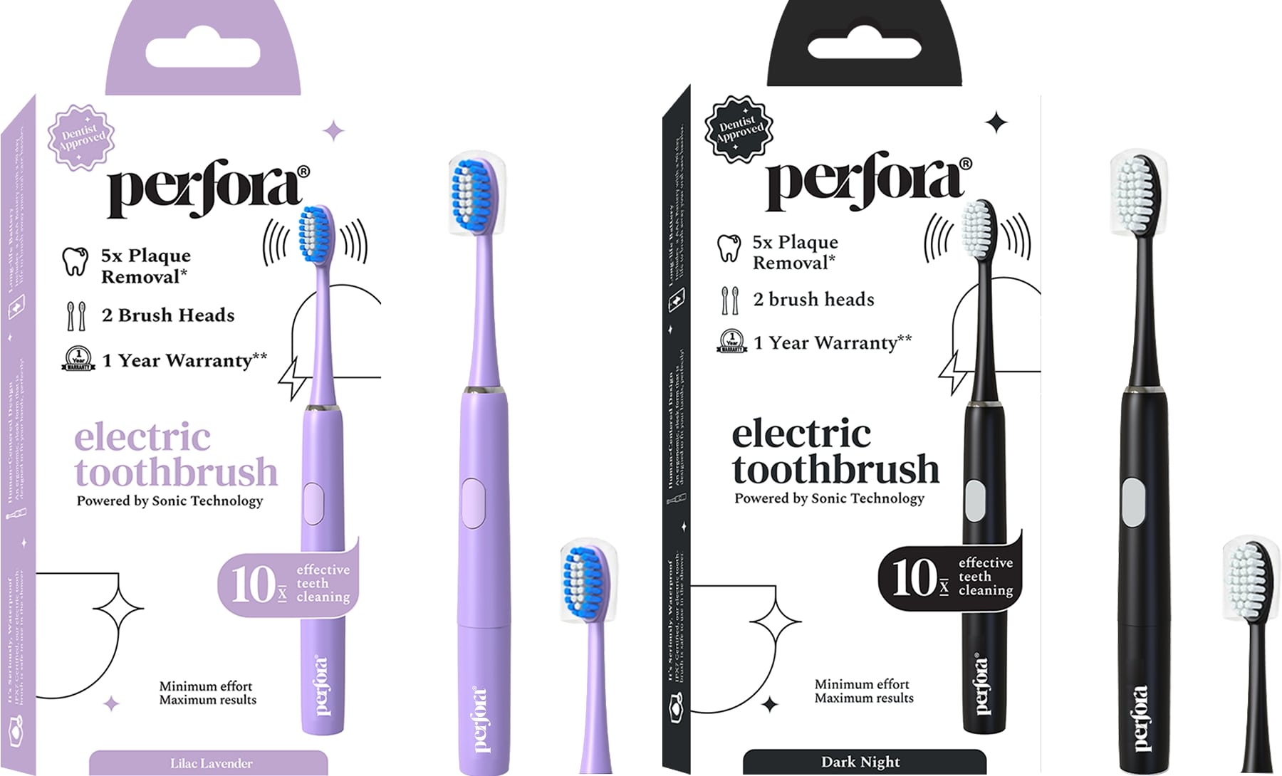 Perfora Electric Toothbrush | 1 Year Warranty | Electric Brush, Electric Toothbrush For Kids, Men & Women, 2 Modes, AAA Powered, 90 Days Battery Life, 002 (Dark Night & Lilac Lavender)