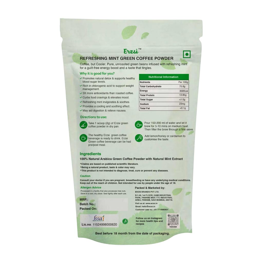 ERZSI Mint Green Coffee Powder | Weight Loss Supplement | Natural Energy & Digestion Support | Green Coffee Beans for Weight Loss | 3x Antioxidants | 200g view 2