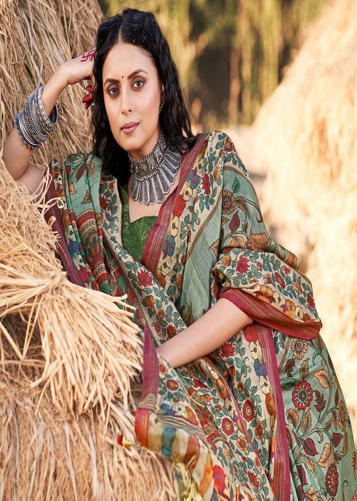 Digital Printed Cotton Saree in Dusty Green and Multicolor view 2