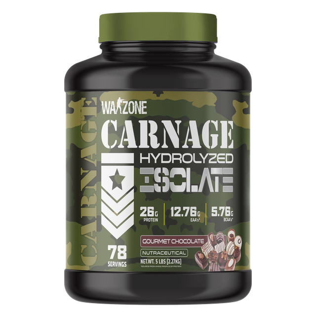 Warzone Nutrition I Carnage I Hydrolyzed Isolate I 26 GM Protein I 12.76 GM EAA's I 5.76 GM BCAA's I 78 Servings I Nutraceutical I Gourmet Chocolate I 5 LBS (2.27 KG)