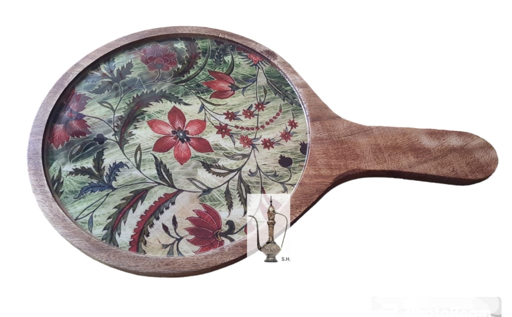 Sara Home Mango Wood Serving Pizza Platter/Chipdip/Dosa/Chees/Snacks Tray Printed Enamel Serving Platter with Handle Appetizer Plate Serving Platter