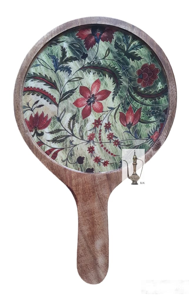 Sara Home Mango Wood Serving Pizza Platter/Chipdip/Dosa/Chees/Snacks Tray Printed Enamel Serving Platter with Handle Appetizer Plate Serving Platter view 2