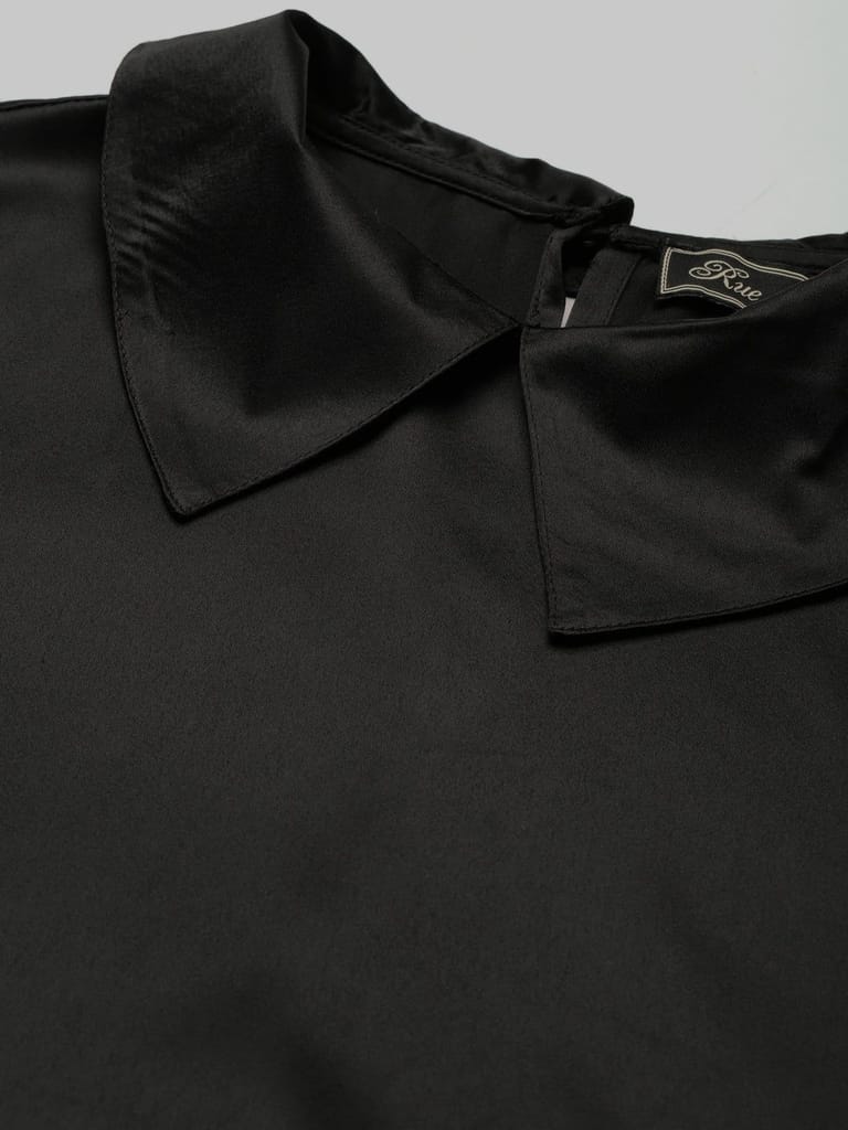 Women Black Solid Ruched Satin Maxi Dress view 2