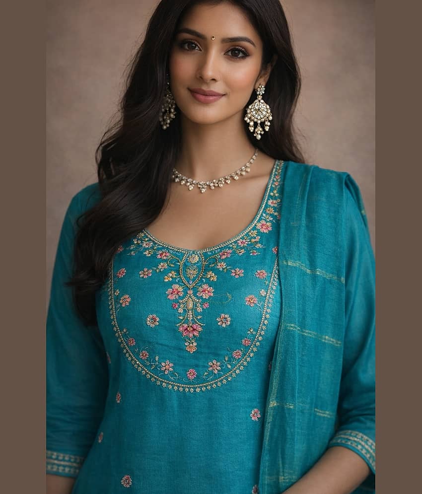 Aarika Women Cotton Blend Embroidered Straight Kurti With Pants ( Teal ) view 2