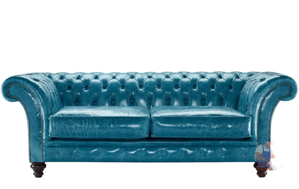 Ocean Blue Leather Sofa | Solid Wood and Plywood Sofa for Home Living Room & Office view 2