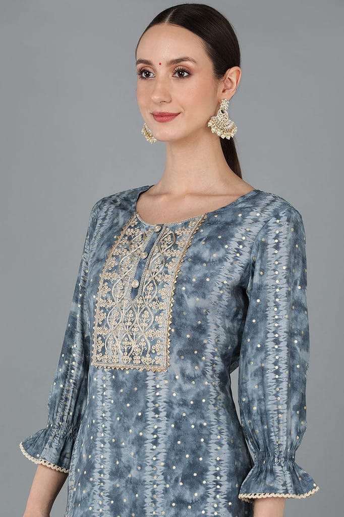 Charcoal Silk Blend Ethnic Motifs Straight Kurta Trousers With Dupatta PKSKD1686 view 2