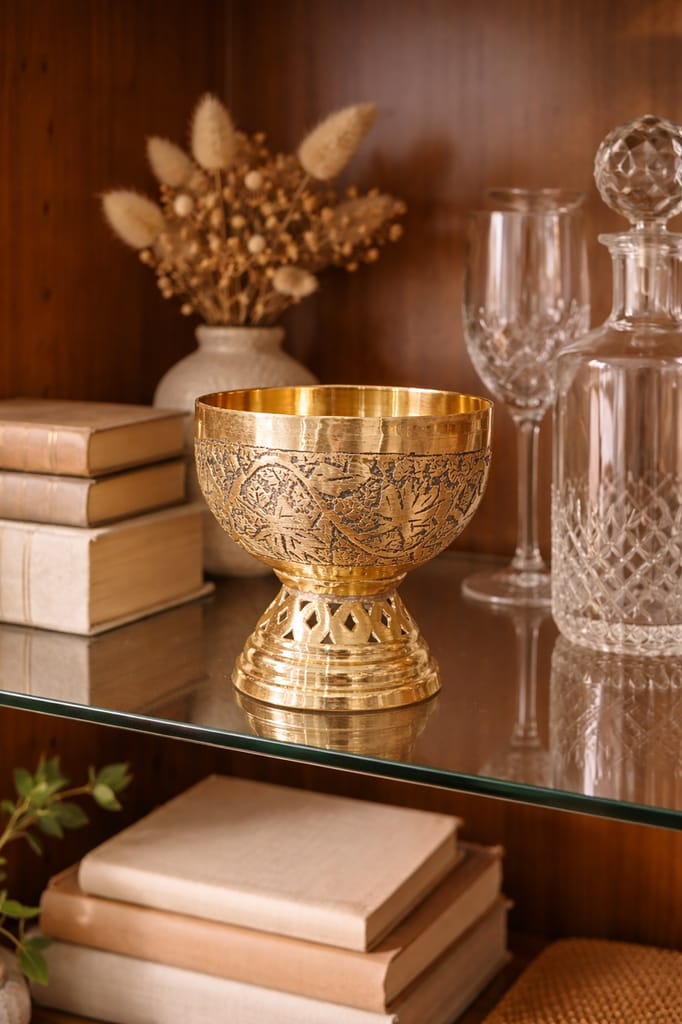 Golden Bronze Etched Decorative Bowl - Handcrafted Artistic Design view 2