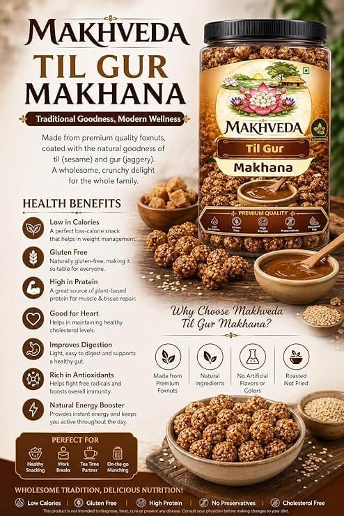 MAKHVEDA - Til Gur Makhana | Roasted Fox Nuts | Popped Lotus Seeds | Healthy Snack | Low Calorie, High Protein, Gluten Free | Sweet Sesame Jaggery Crunch view 2