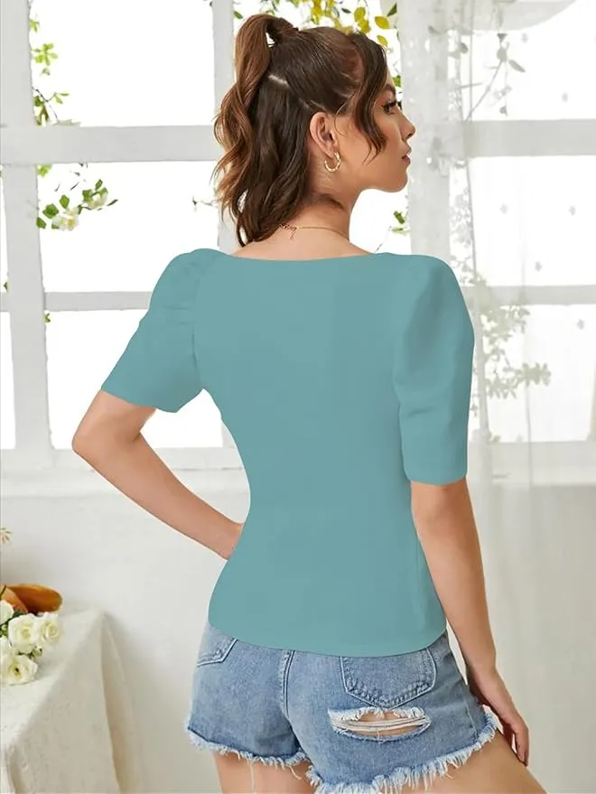 Women's Sweet Heart Neck Balloon/Puff Bishop Sleeve Elegant Casual Tee Top view 2