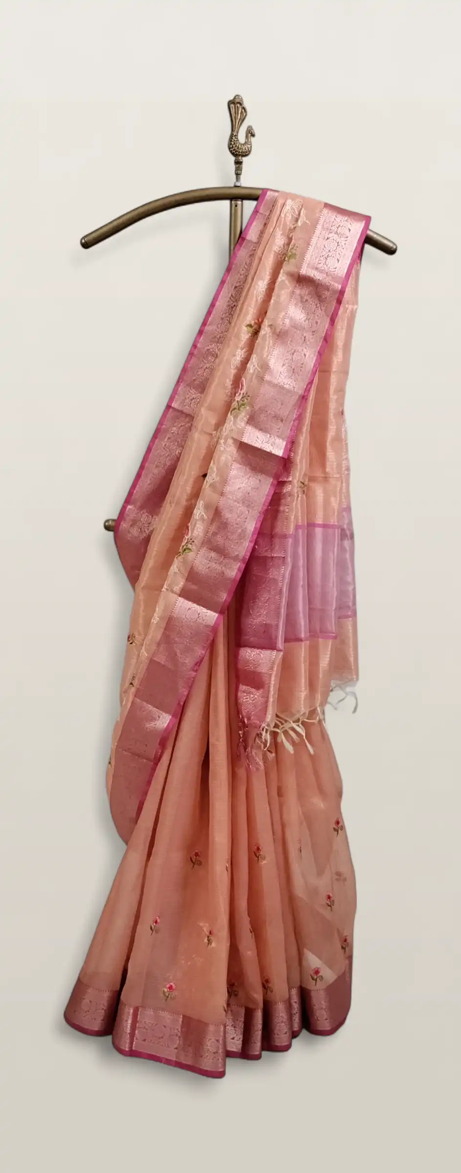 Dusty Peach Kota Doria Cotton-Silk Saree with Zari Border and Blouse view 2