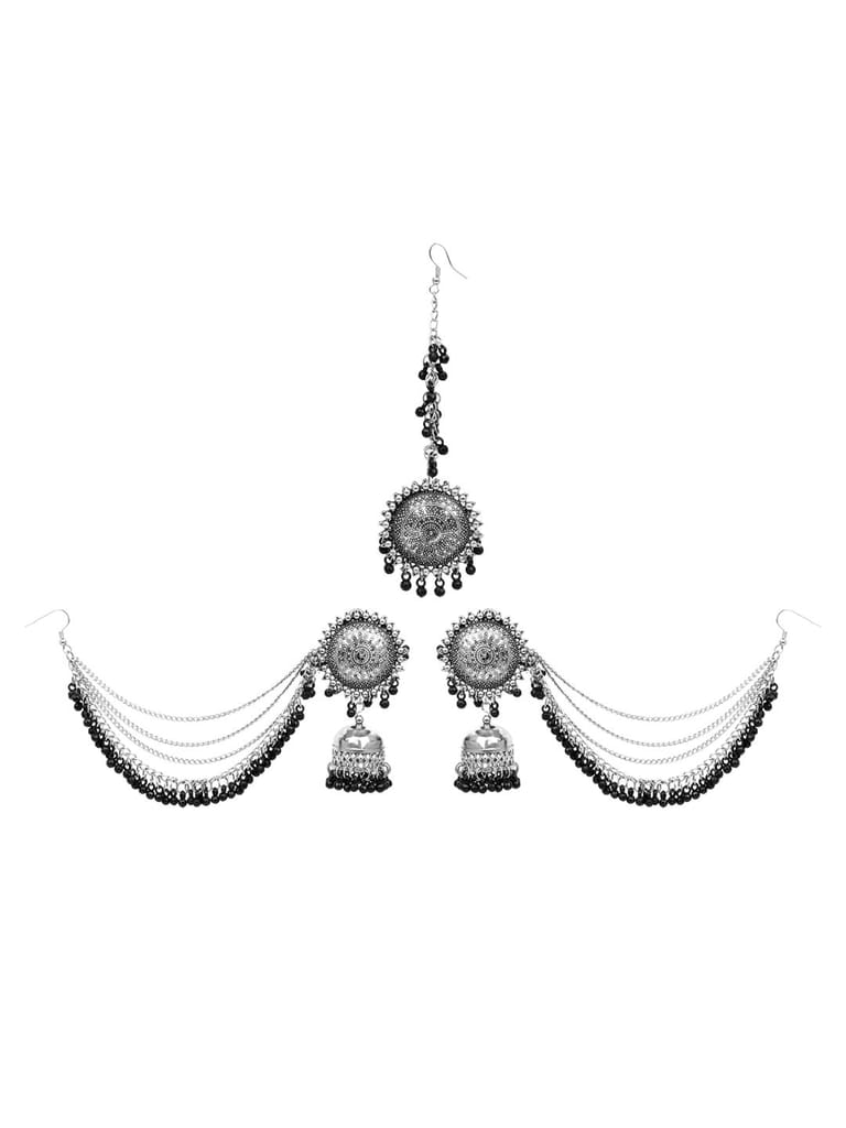 Cardinal Oxidized Silver Color Black Beads Maang Tika & Earrings view 2