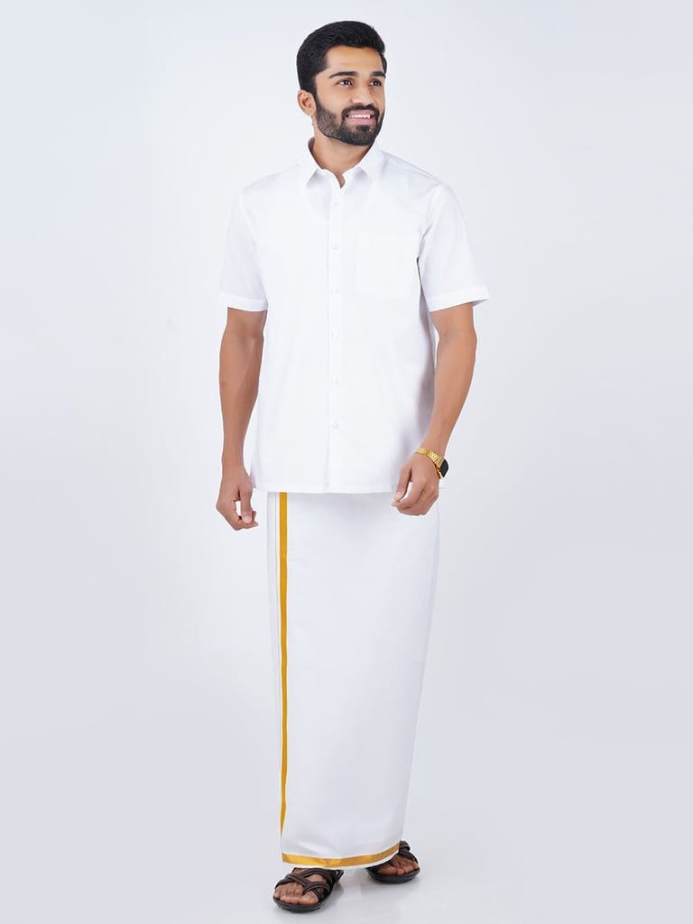 Mens Cotton White Shirt Bit with 1/2" Gold Jari Dhoti Combo Pilot Soft view 2