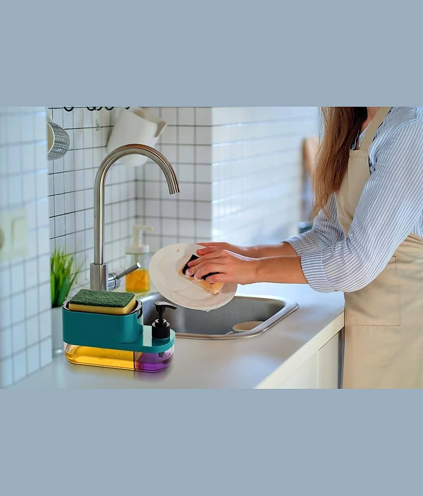 Plastic 3 in 1 Soap Pump Dispenser Dish Soap Liquid Dispenser Sponge Holder Dish Soap Pump Dispenser for Kitchen Sink Countertop Kitchen Bathroom (Multi-Color) view 2