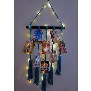 Khush Its Amazing Home Decor Wall Hanging Hand Made Black Stick With Macrame Blue 5 Line Rope And LED Light Photo Display , DIY Picture Photo Frame Collage Set Includes Multi colour Clips view 2