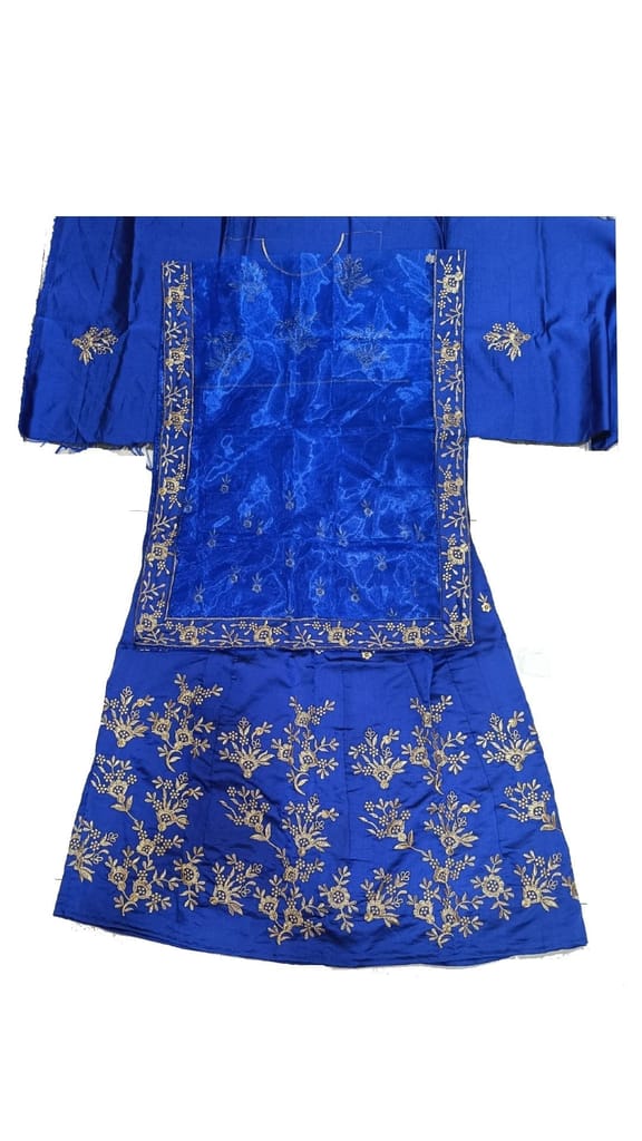 Blue Unstitched Cotton Silk Golden Zari Embroidery Work Ghanghra Lahenga/Choli/Dupatta Set