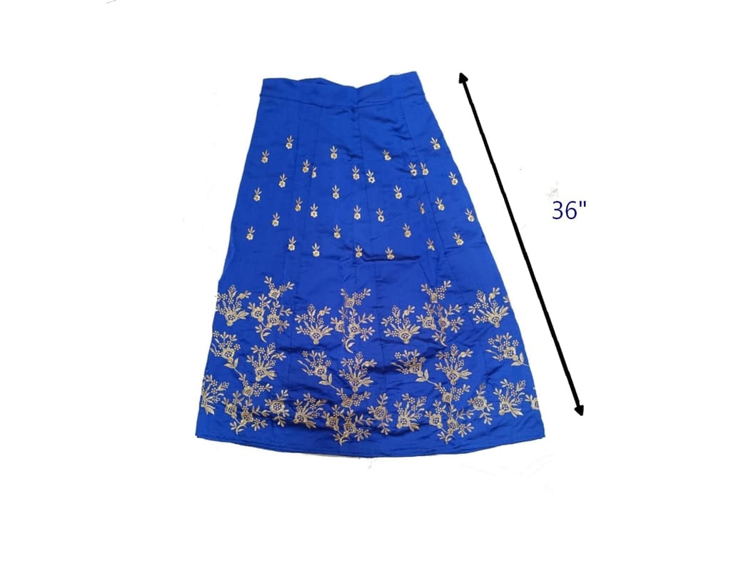 Blue Unstitched Cotton Silk Golden Zari Embroidery Work Ghanghra Lahenga/Choli/Dupatta Set view 2