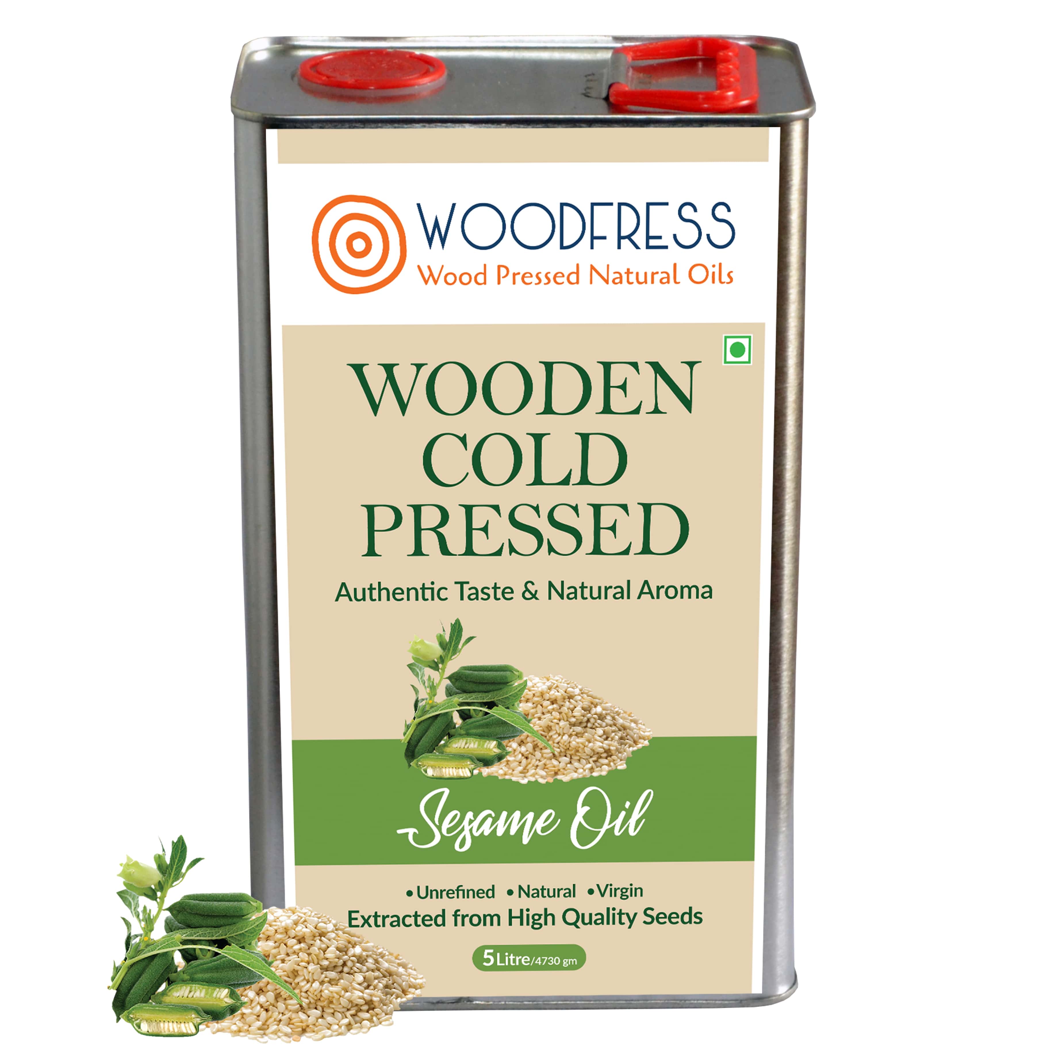 WOODFRESS Pure Cold Pressed Sesame Oil - 5 Litre, Wood Pressed Gingelly Oil, Rich in Omega 6 & 9, Til Oil for Cooking, Woodpress, Metal Tin 5L