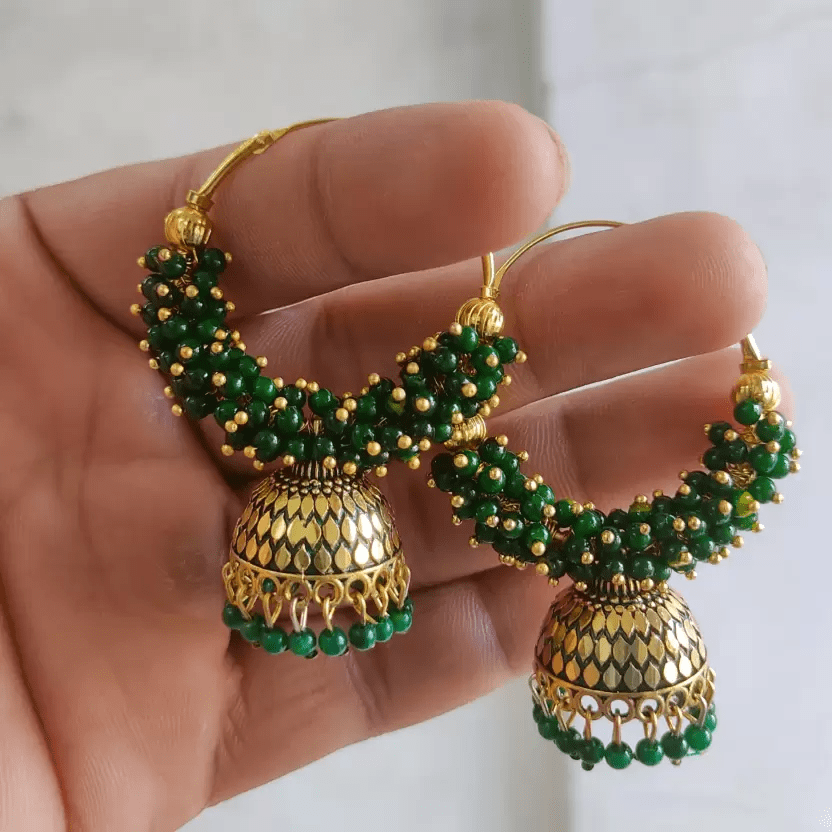 Traditional Ethnic Fancy Green Color hoop Oxidized Jhumka Jhumki for Women Alloy Jhumki Earring, Drops & Danglers, Chandbali Earring, Earring Set view 2