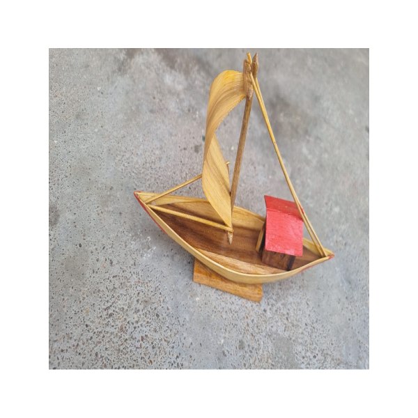 Handmade Miniature Wooden Boat with Red Cabin