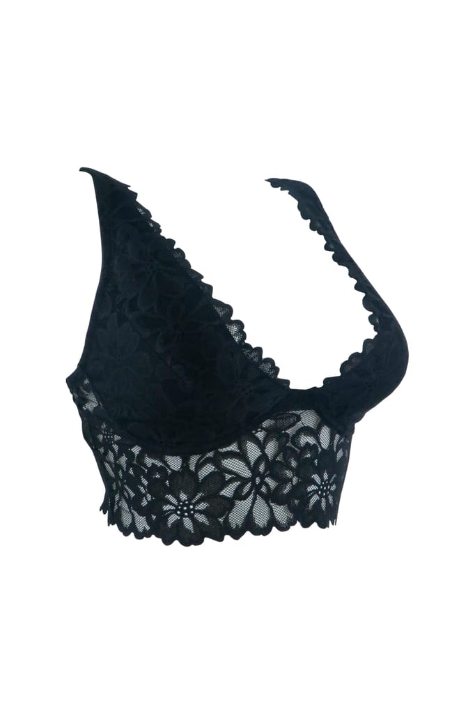 Sheluxe Women’s Floral Lace Longline Bralette with Deep V-Neck, Wire-Free Support, and Adjustable Straps for Everyday Comfort Black view 2