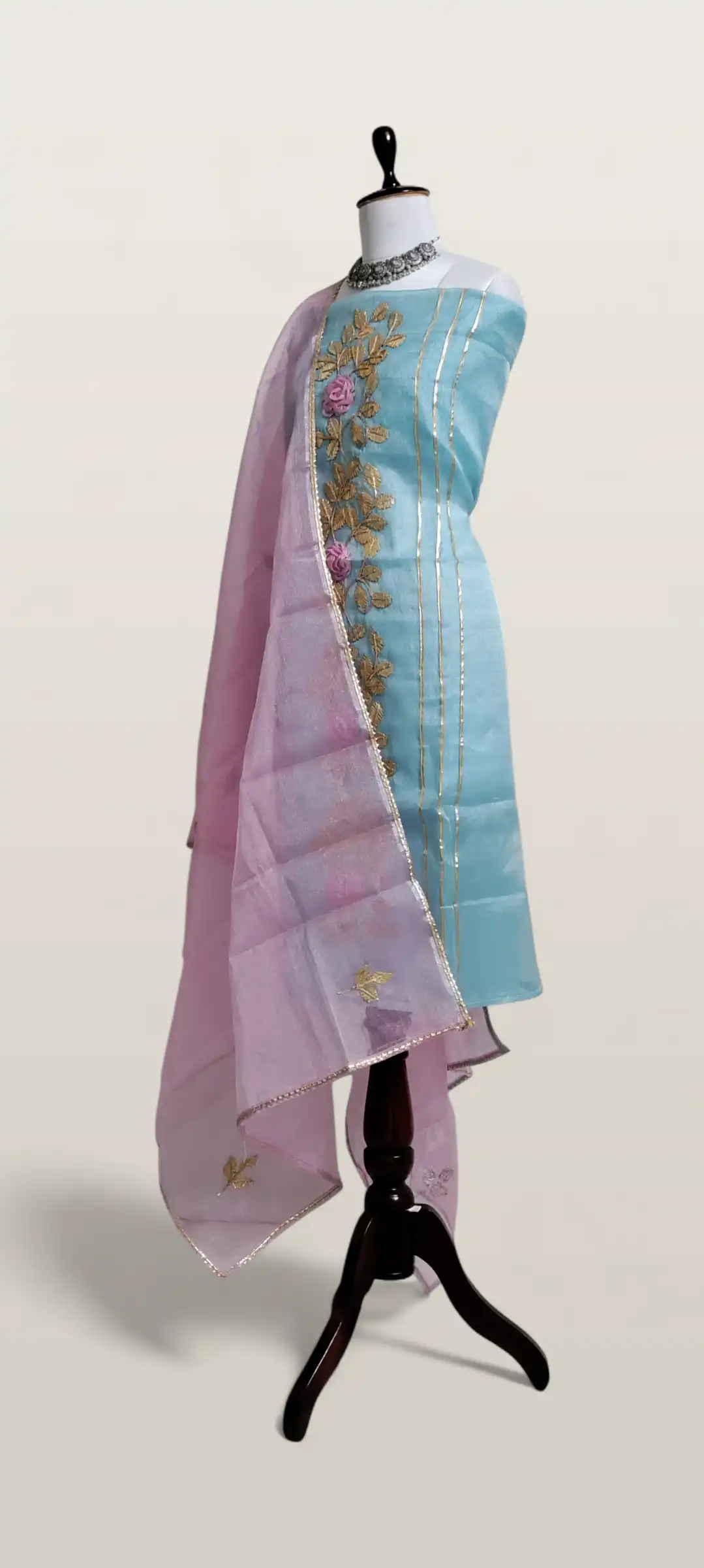 Kota Doria Dress Material Sky Blue Gold Rose Vine view 2