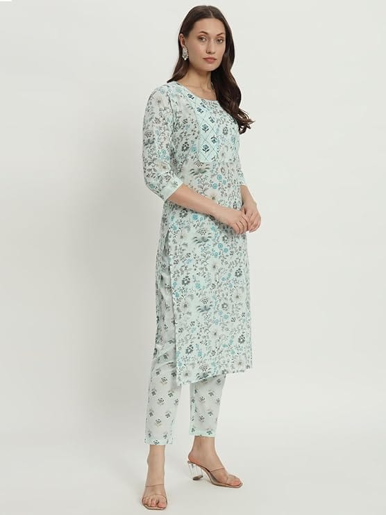 Gulmira - House Of Luxury Gumira Light Green Floral Printed Yoke Design Mirror Work Pure Cotton Kurta with Trousers & Printed Dupatta. view 2