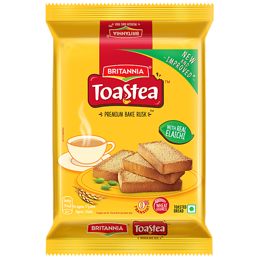 Britannia Toastea Premium Bake Rusk, With Real Elaichi, Crunchy, Zero Trans Fat, 150 G view 2