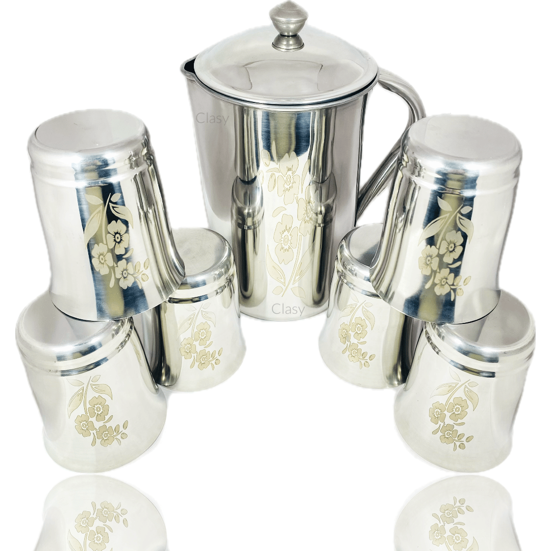 100% Stainless Steel Laser Printed 2 Ltr Jug with 6 Pcs of Glass view 2