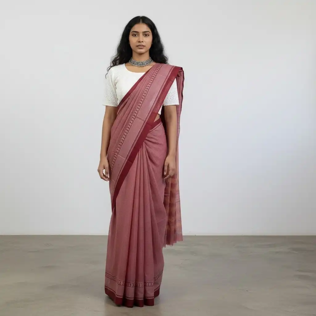 Narayanpet Handloom Cotton Saree in Dusty Rose, Chikki Paras Border