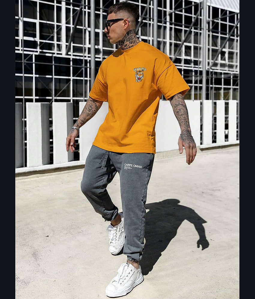 Leotude Cotton Blend Oversized Fit Printed Half Sleeves Men's Round T-Shirt - Yellow ( Pack of 1 ) view 2